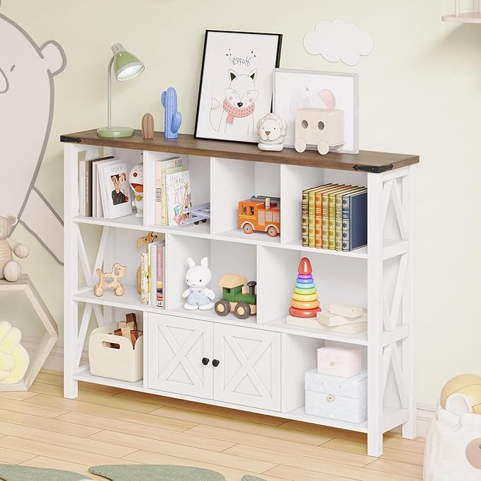 11 Cube Storage Organizer Bookshelf, Wooden Open Cube Shelf Bookcase, Farmhouse Display Book Shelf, 3 Tier Cube Bookshelves with Storage, Rustic White-HomvellaHome