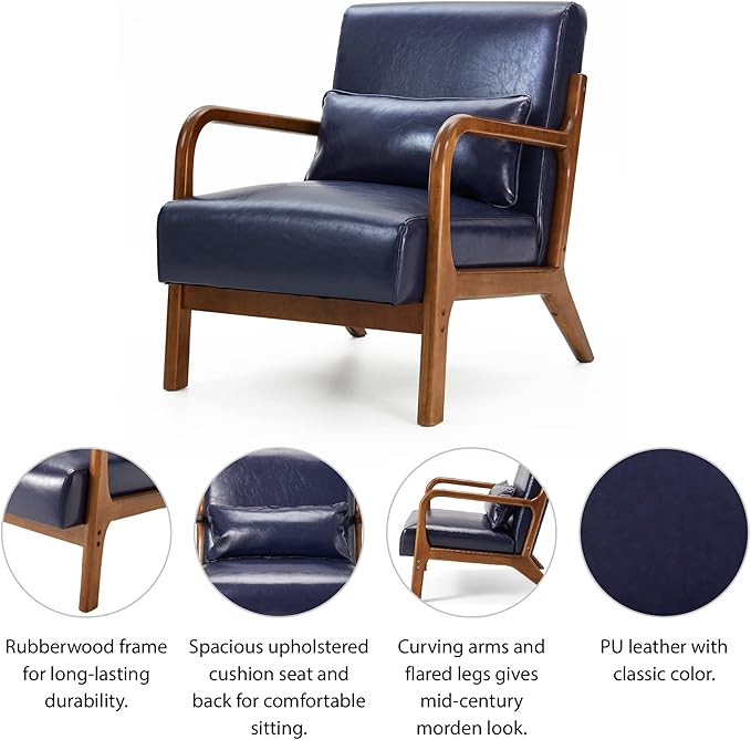 Glitzhome 2 Set Mid Century Navy Blue Accent Armchair, Single Reading Armchair PU Leather Lounge Chair with Walnut Ruberwood Frame-HomvellaHome