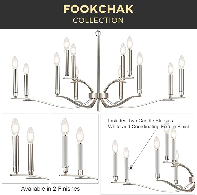 12 Light Nickel Living Room Chandelier High Ceiling Foyer Candle Chandelier Large Modern 44in Metal Chandeliers Hanging Light for Master Bedroom Dining Room Light Fixture Over Table-HomvellaHome