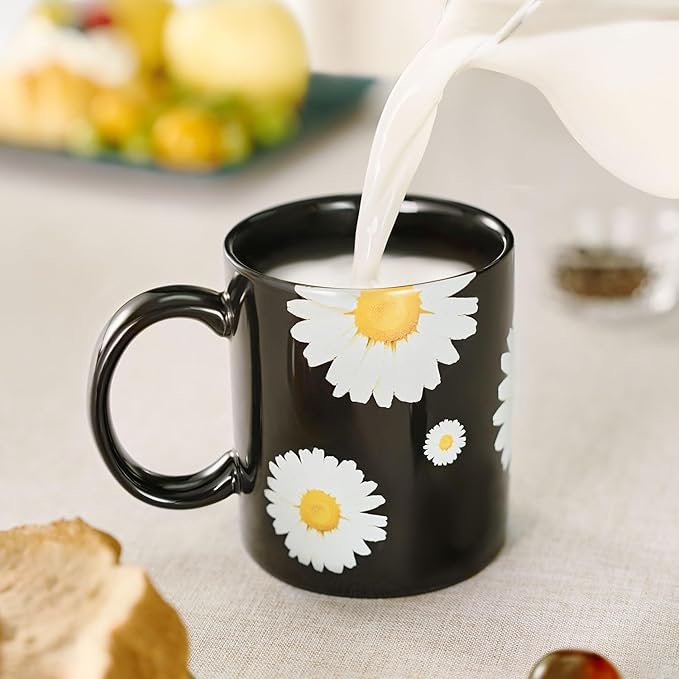 12Oz Daisy floral Black Ceramic Mug, Mug for Daily Coffee and Tea, Lead-free Microwave and Dishwasher Safe Coffee Mug, Perfect gifts for Women and men-HomvellaHome