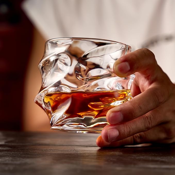 12 oz Hand Blown Crystal Whiskey Glasses Set of 4, Unique Cognac Glass, Heavy Thick Bottom Bar Glass for Scotch Bourbon Rum Gin Water Cocktail,Gifts Men Gifts Ideas-HomvellaHome