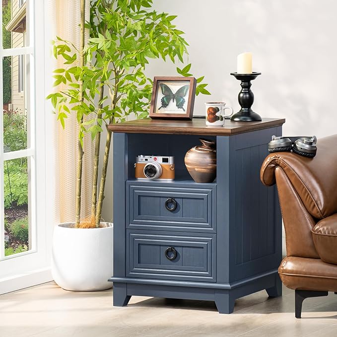 18" Farmhouse Night Stands Set of 2 with Charging Station, 2 Drawers End Table Dresser for Bedroom, Blue Wooden Nightstand, Bed Side Table with Open Shelf, Bedside Cabinet for Living Room-HomvellaHome