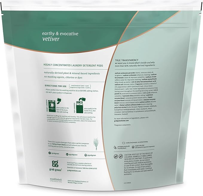 Grab Green 3-in-1 Laundry Detergent Pods, 132 Count, Vetiver Scent, Plant and Mineral Based, Superior Cleaning Power, Stain Remover, Brightens Clothes-HomvellaHome