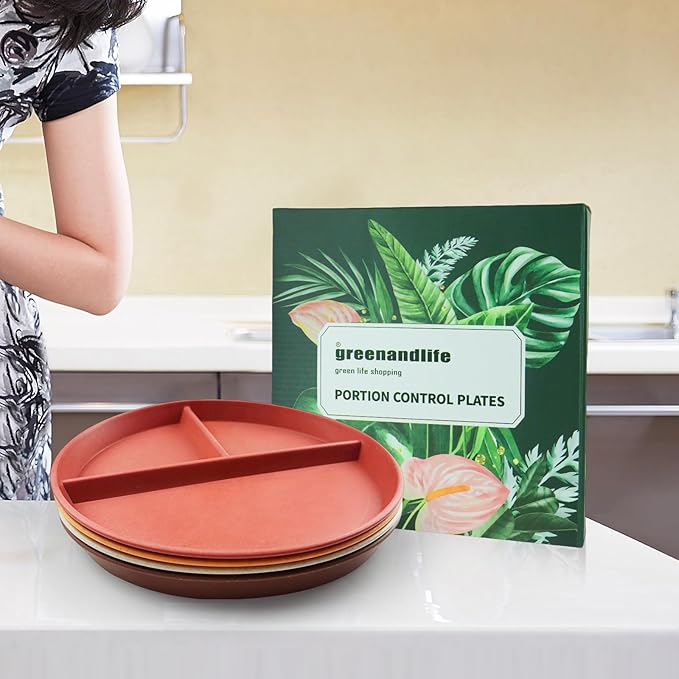 greenandlife 9 Inch 4PCS Unbreakable Portion Control Plates, Divided Plates for Kids Adults, Dishwasher & Microwave Safe Compartment Plate, Lightweight Reusable Wheat Straw Plate, BPA Free-HomvellaHome
