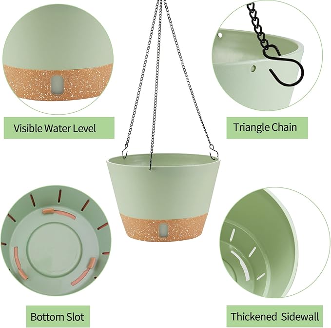 2 Pack Hanging Planters, 10 inch Indoor Outdoor Hanging Plant Pot Basket, Hanging Plastic Flower Pot with Drainage Hole with Removable Tray&Hooks for Hanging Plants,Green-HomvellaHome
