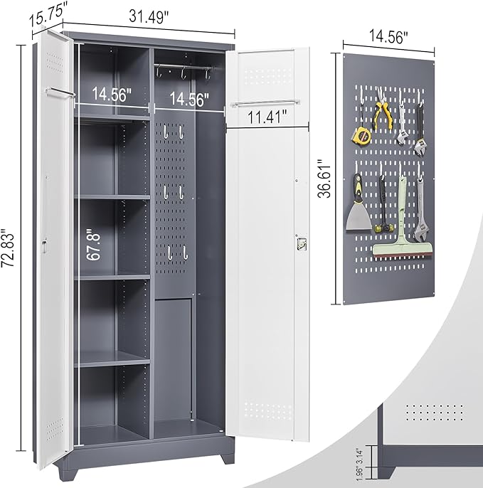 Garage Storage Cabinet,Broom Closet with Lock,Locking Cabinets with Hanging Rod & S-Hooks for School,Garage,Grey-White-HomvellaHome
