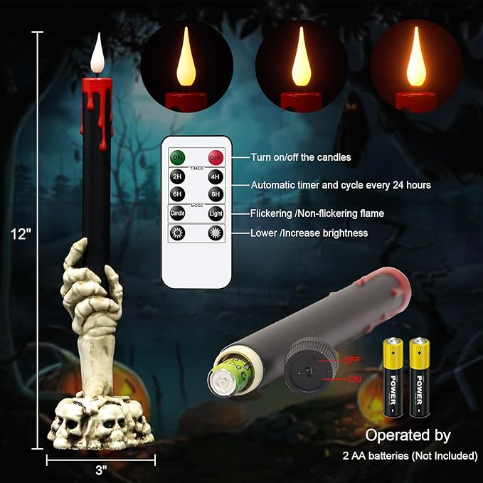 GenSwin Halloween Black Taper Flameless Candles with Ghost Hand Candlesticks and Remote Timer, 2 Pcs Battery Operated Taper Candles with Holder and 3D Flame for Halloween Decor-HomvellaHome