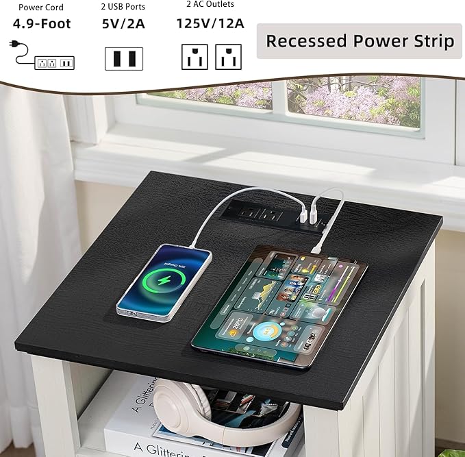 18" Farmhouse Night Stands Set of 2 with Charging Station, 2 & 3 Drawers End Table Dresser for Bedroom, White Wooden Nightstand, Bed Side Table with Open Shelf, Bedside Cabinet for Living Room-HomvellaHome