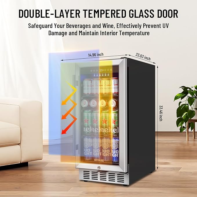15 Inch Beverage Refrigerator, 130 Can Capacity Under Counter Fridge with Lock & Glass Door, Quiet Built-in or Freestanding Beer Cooler, Powerful Compressor for Fast Cooling-HomvellaHome