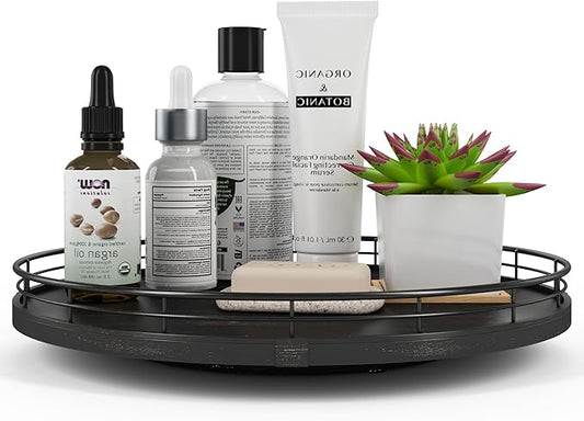 13" Oak Bathroom Vanity Tray Turntable for Perfume Candle, Round Wooden Decorative Tray for Kitchen Sink Countertop Organizer, Bathroom Counter Organizer for Skincare Makeup, Farmhouse Black Gold-HomvellaHome