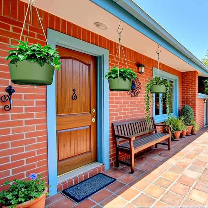 10.7 Inch Hanging Planter for Outdoor Indoor Plants，2 Pack Hanging Flower Pots with Drain Holes for Garden Home Decor Use (Dark Green)-HomvellaHome