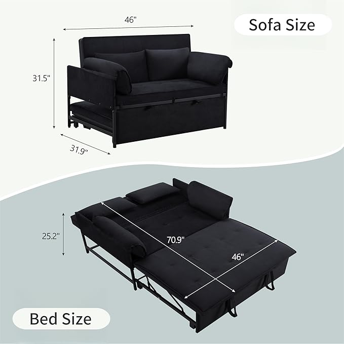 Pull Out Sofa Bed, 46” Futon Couch with Convertible Sleeper, Velvet Pull Out Couch with Adjustable Backrest, Small Sofa Bed with 2 Pillows for Living Room Office Guest Room, Black-HomvellaHome