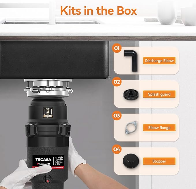 1/2 HP Garbage Disposal, TECASA Food Garbage Disposal with Power Cord, Stainless Steel Grinding System and 3-Bolt Mounting, Continuous Feed Compact Garbage Disposals, UL Certified, Taskmaid Series 50-HomvellaHome