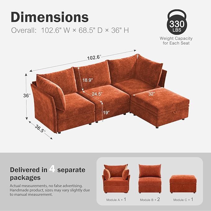 102.6" Modular Sectional Sofa, L Shaped Couch Set for Living Room, 3-Seater Comfy Cloud Couches with Movable Storage Ottoman,DIY Combination - Chenille Terracotta Orange-HomvellaHome