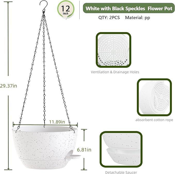 12 Inch Hanging Baskets 2 PC with Chains, Self-Watering Hanging Planters for Indoor Outdoor Plants, Plastic Hanging Flower Pots,Speckled White-HomvellaHome