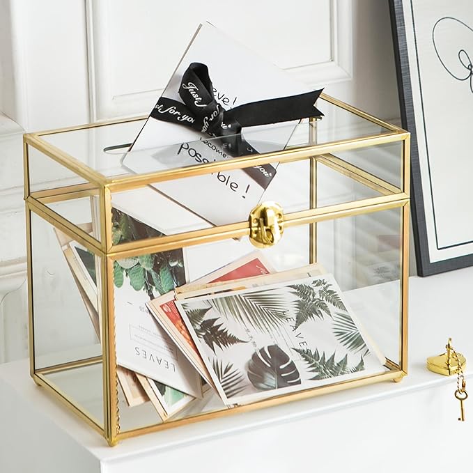 Glass Wedding Card Box with Slot, 10.2 inch Clear Card Box Gold Brass Gift Card Storage Box with Lock Perfect for Wedding Receptions, Baby Shower, Birthday Party, Bridal Shower-HomvellaHome