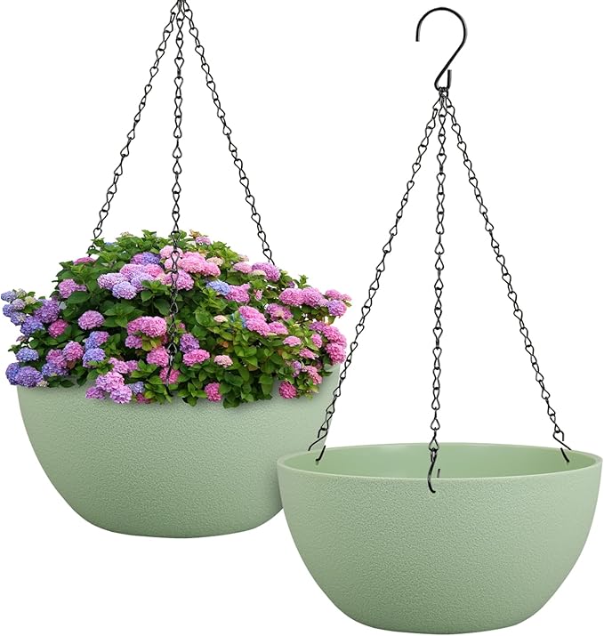 12 inch Large Hanging Planters Plant Pots for Indoor Outdoor Plants, 2 Pack Hanging Flower Pots with Drainage Holes and Chain for Garden Porch, Plastic Hanging Baskets for House Plants, Green-HomvellaHome