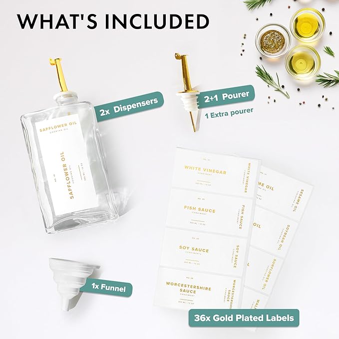 Glass Olive Oil Dispenser Bottle Set [2x12oz]: 36 Premium Gold Labels, Oil Dispenser for kitchen, Vinegar Bottle Set, Glass Dispensers for Soy Sauce, Syrup Bottles | Set of 2-HomvellaHome