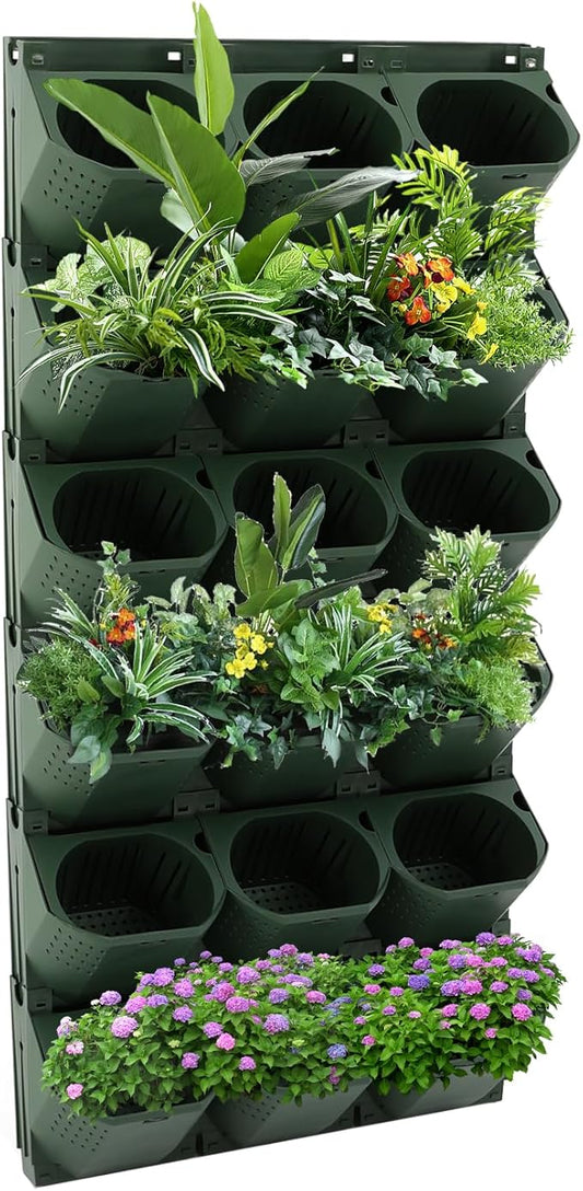 12Pieces 3-Pot Wall Planter Vertical Garden Plant Walls Wall Mounted Vertical Planter with Water-Storage Layer Stackable Wall-Mounted Flower Pot for Gardens, Balconies 180.78lbs Total Capacity (Green)-HomvellaHome