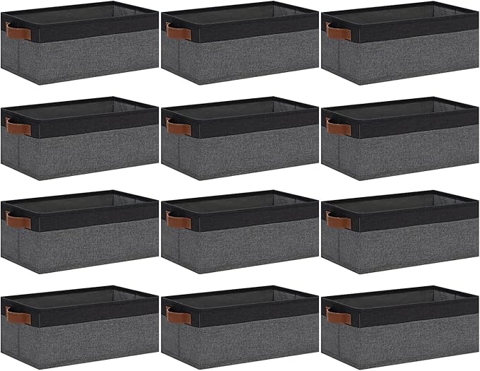 GhvyenntteS Small Fabric Storage Bins 12 Pack, 11.8" x 7.87" x 5.11" Storage Basket with Leather Handles, Closet Storage Bins for Shelves, Storage Baskets for Shelves, DVD Storage (Grey/Black)-HomvellaHome