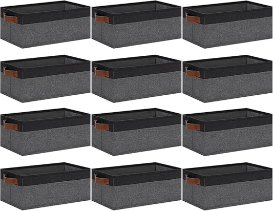 GhvyenntteS Small Fabric Storage Bins 12 Pack, 11.8" x 7.87" x 5.11" Storage Basket with Leather Handles, Closet Storage Bins for Shelves, Storage Baskets for Shelves, DVD Storage (Grey/Black)-HomvellaHome