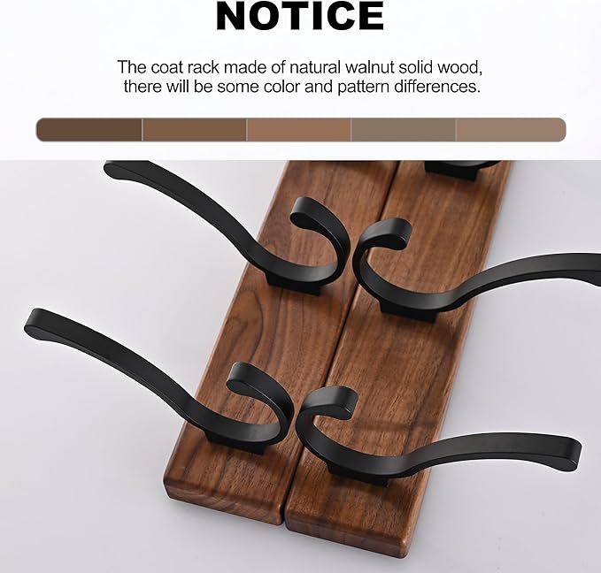 2 Pack 17.3" Small Wooden Coat Rack Wall Mounted with 5 Hooks, Entryway Wall Hooks Coat Hanger for Hanging Towel Clothes Hat Backpack Shoe Purse Key Holder Multi Hook Rail by Black Walnut Wood-HomvellaHome