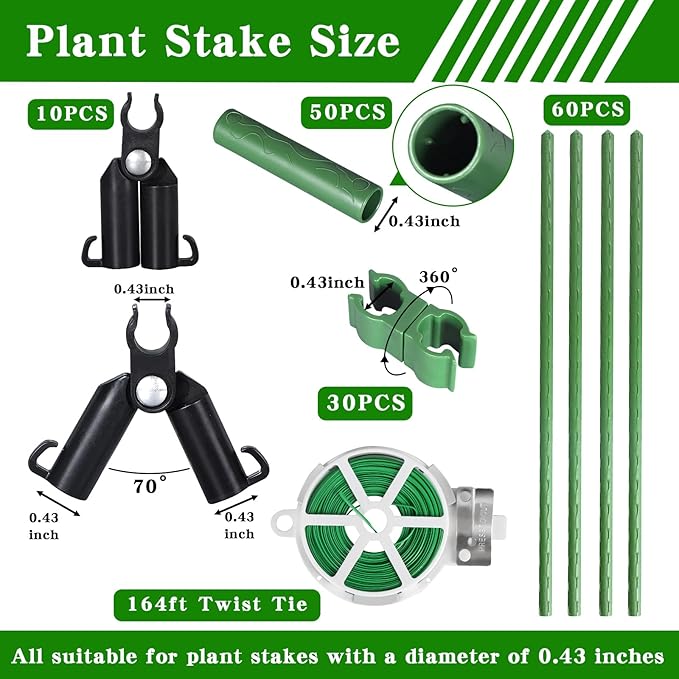 Garden Stakes 60 Pack, 16 Inch Each, DIY 3ft 4ft 5ft 6ft 7ft Sturdy Steel Plant Stakes with 50 Connectors, 30 Rotatable Clips, 10 A-Type Connecting Pipe and 164 Feet Twist Tie for Climbing Plants-HomvellaHome