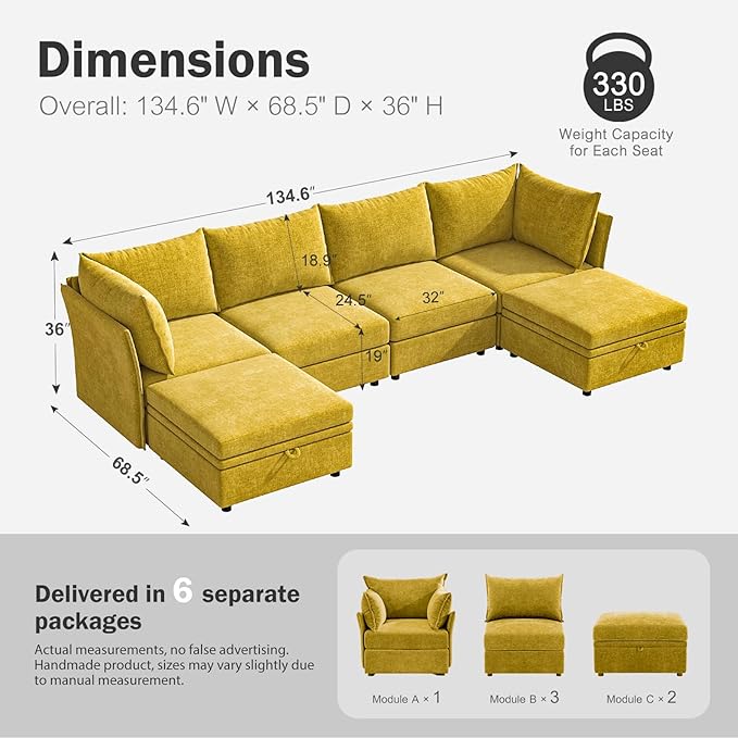 134.6" Oversized Modular Sectional Sofa, 6 Seater U Shaped Couch with Storage Ottoman with Reversible Chaise Deep Seat for Living Room, Apartment - Chenille Yellow-HomvellaHome