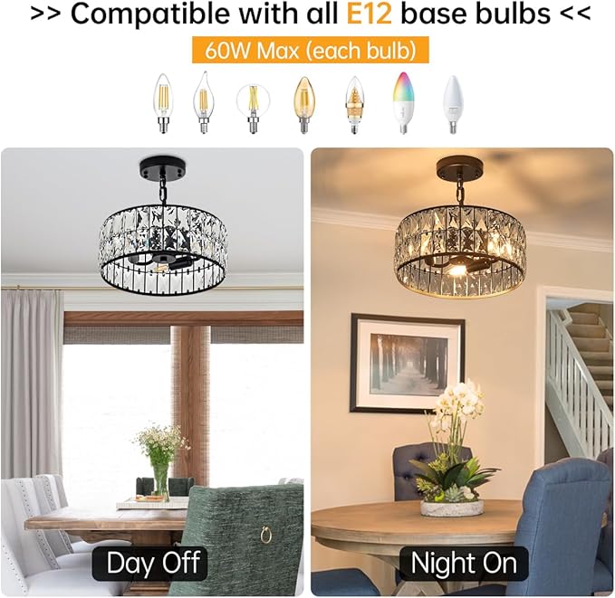 12” 3-Light Modern Crystal Chandeliers Black Dinning Room Light Fixture, Round Pendant Light Kitchen Island Chandelier, Flush Mount Ceiling Light for Living Room Entryway Bedroom Foyer-HomvellaHome