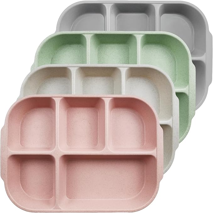 greenandlife 10.8 Inch 4PCS Divided Plates for Kids Adults, Portion Control Plates, Dishwasher & Microwave Safe Compartment Plate, Unbreakable Lightweight Reusable Wheat Straw Plates, INS-HomvellaHome