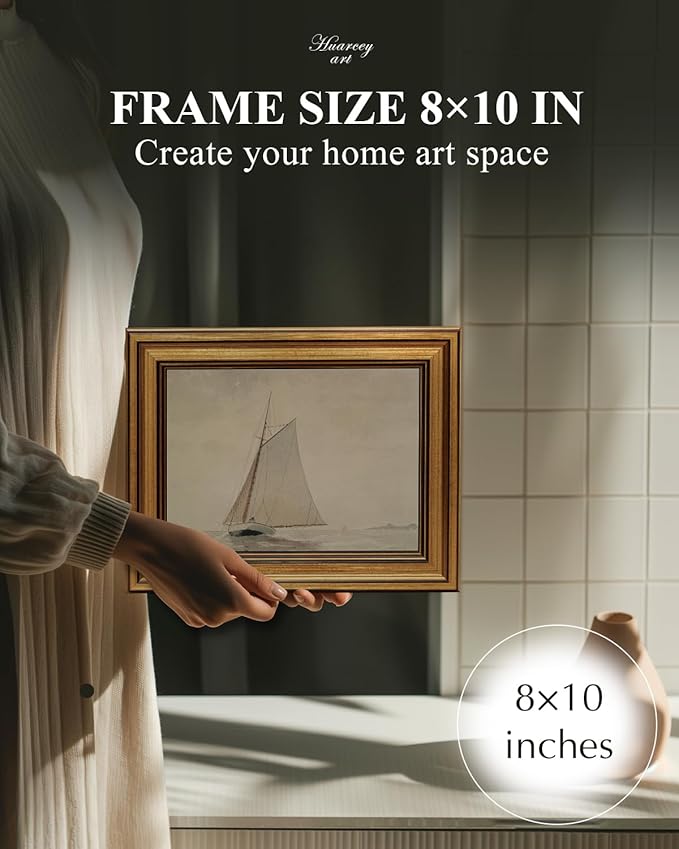 Gold Framed Vintage Wall Art for Living Room, Seaview Painting Prints Shelf Decor for Kitchen, Aesthetic Bedroom Wall Art, Christmas Gifts for Friends or Family (White Sailboat - 8"x10")-HomvellaHome