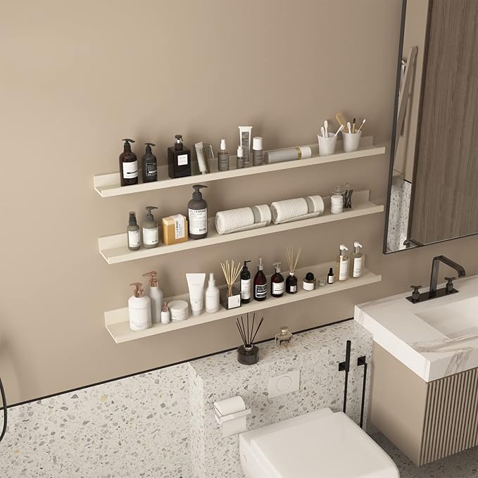 Giftgarden 47 Inch Floating Shelves for Wall Creamy White Beige Wood-Grain, Long Picture Ledge Large Wooden Photo Shelf for Living Room Bedroom Nursery Office, Set of 3 Different Sizes-HomvellaHome