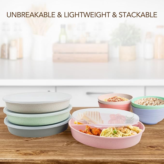 greenandlife 9 Inch 4PCS Divided Plates with Lids, Portion Control Plates for Kids Adults, Dishwasher Microwave Safe Compartment Plate, Unbreakable Lightweight Reusable Wheat Straw Plate Set, INS-HomvellaHome