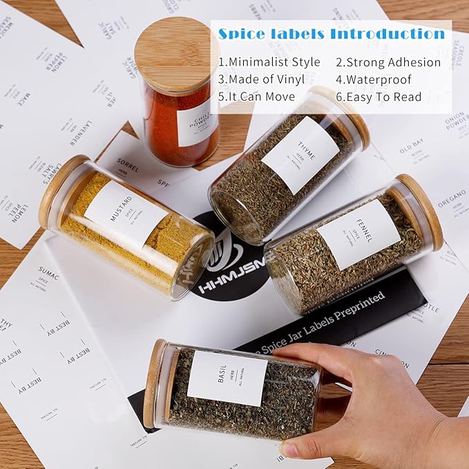 12 Pcs Glass Spice Jars With Bamboo Airtight Lids, 10oz Thicken(2.4mm) Spice Containers With 148 Minimalist Preprinted Waterproof Spice Labels, Kitchen Empty Small Storage Jars For Seasoning, Herb-HomvellaHome