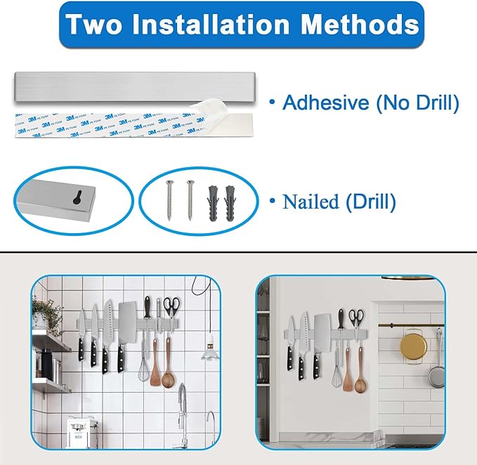 17.5" Magnetic Knife Holder for Wall with Hooks - No Drill Adhesive Mount - 304 Stainless Steel Knife Magnetic Strip-HomvellaHome
