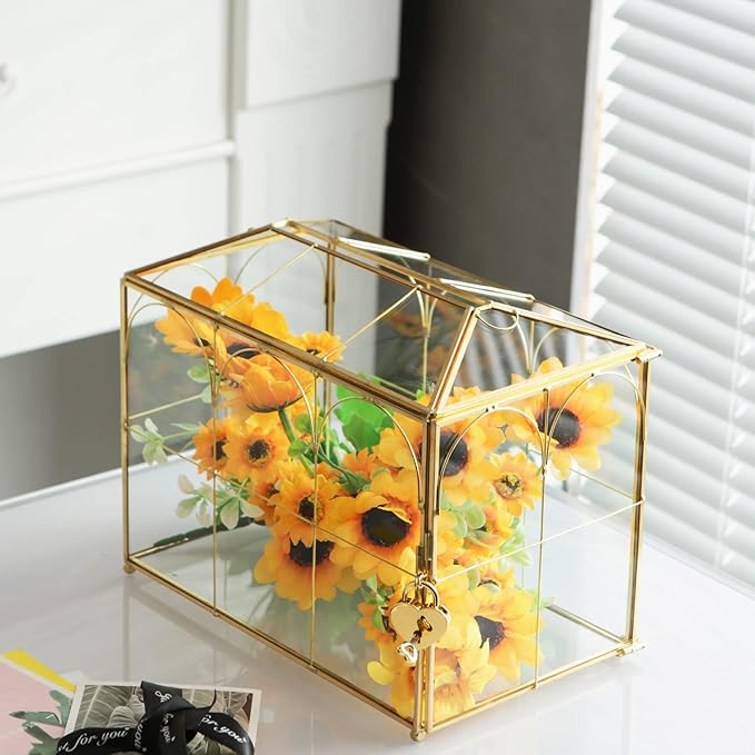 Glass Card Box with Slot, 10.2 inch Large Gold Clear Card Box for Wedding Receptions, Decorative Storage Box with Lock for Baby Shower, Birthday Party, Bridal Shower-HomvellaHome