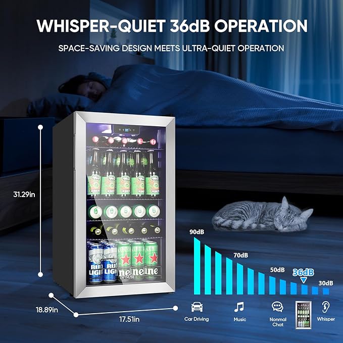 120 Can Beverage Refrigerator – Mini Fridge with Glass Door for Soda Beer or Wine, Beverage Cooler for Bedroom, Office, Bar with Adjustable Shelves & Digital Temperature Display, Silver-HomvellaHome