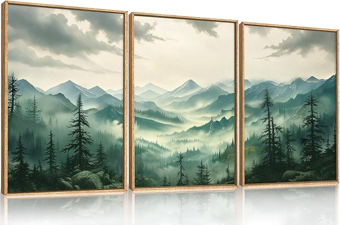 Green Foggy Mountain Framed Canvas Wall Art Set, Misty Forest Wall Decor, Watercolor Pine Tree Wall Painting, Large Nature Landscape Art Print for Living Room, Bedroom, Office - 16"X24"X3-HomvellaHome