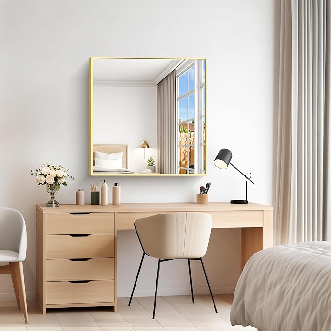 Gold Bathroom Mirror for Wall, 30x30 Inch Rectangle Mirrors with Metal Frame, Modern Vanity Wall Mirror Decor for Bathroom Living Room, Entryway Hangs Horizontal or Vertical-HomvellaHome