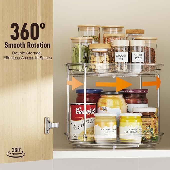 2 Pack 2 Tier Lazy Susan Organizer, 9.25'' Lazy Susan Turntable for Cabinet, Stackable Turntable Organizer Rotating Spice Rack Organization for Kitchen Countertop, Pantry, Bathroom, Clear-HomvellaHome