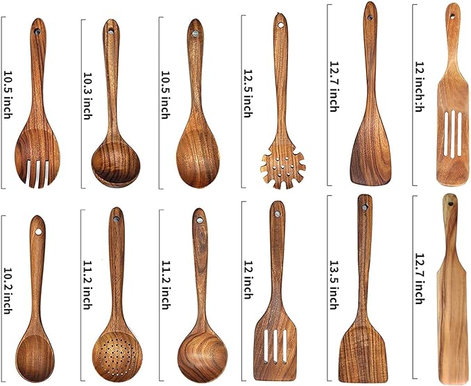12 Pack Wooden Spoons for Cooking - Natural Teak Kitchen Utensils Set with Spatulas-HomvellaHome