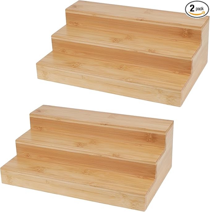 2 Pack Bamboo Spice Rack Organizer for Countertop, 3 Tier Spice Step Shelf for Cabinet (Jars Not Included)-HomvellaHome