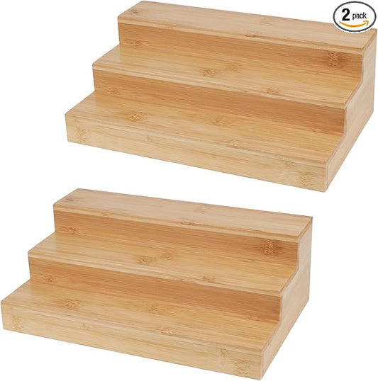 2 Pack Bamboo Spice Rack Organizer for Countertop, 3 Tier Spice Step Shelf for Cabinet (Jars Not Included)-HomvellaHome