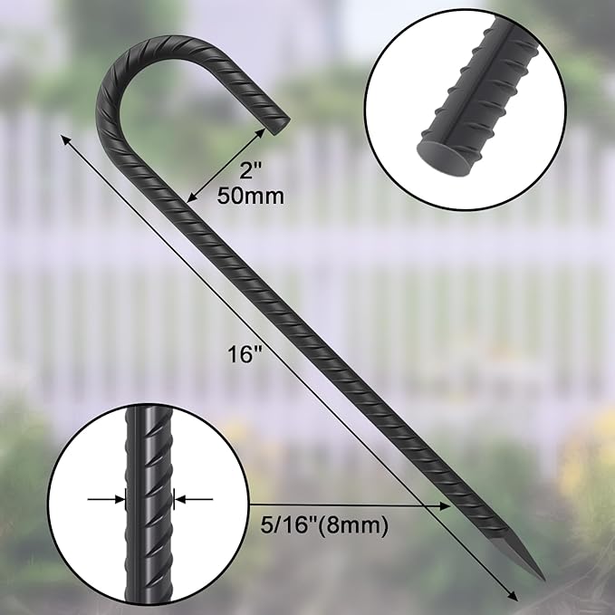 16 Inch Ground Rebar Stakes Heavy Duty J Hook Ground Anchors 40 Pack, Tent Stakes with Chisel Point End, Chain Link Fence Spikes for Bounce House, Gazebos and Outdoor Decorations Inflatables-HomvellaHome