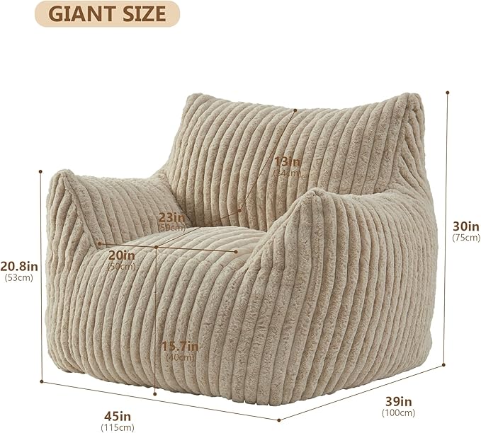 Giant Bean Bag Chairs for Adults Teens, Large Bean Bag Sofa Chairs with Filling Comfy Fuzzy BeanBag Chair with Armrests for Bedroom Living Room Reading-HomvellaHome