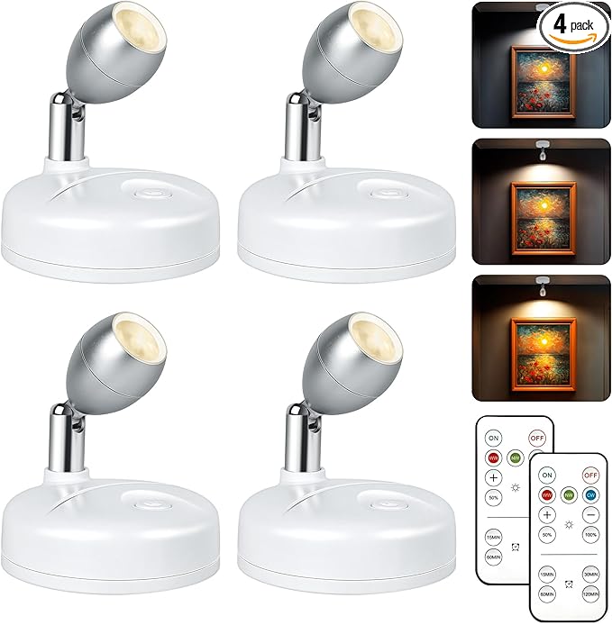 4 Pack Wireless Spot Lights Indoor, Battery Operated Uplighting, Mini Spotlight with Remote 3CCT Tree Lights Indoor, Accent Wall Lights for Display Plant Picture Dartboard-HomvellaHome