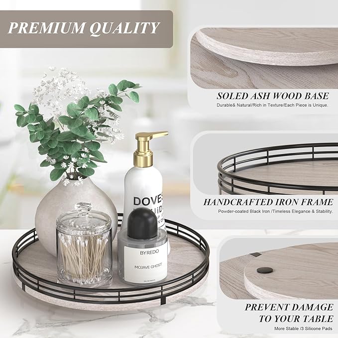 10" Oak Bathroom Vanity Tray Turntable for Perfume Candle, Round Wooden Decorative Tray for Kitchen Sink Countertop Organizer, Bathroom Counter Organizer for Skincare Makeup, Rustic White-HomvellaHome