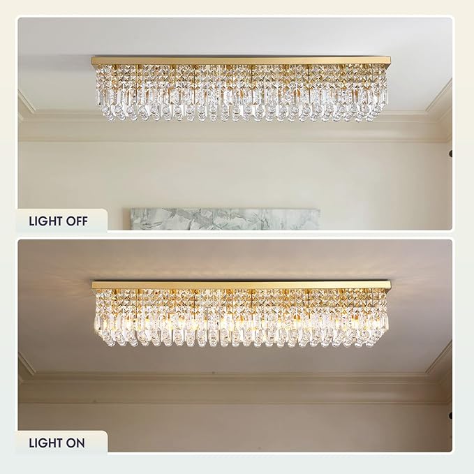 10 Lights Gold Flush Mount Rectangle Chandelier, Modern K9 Crystal Chandeliers Light Fixture Rectangular Raindrop Chandelier Pendant Island Light for Living Dining Room Kitchen Bar L47 Inch-HomvellaHome