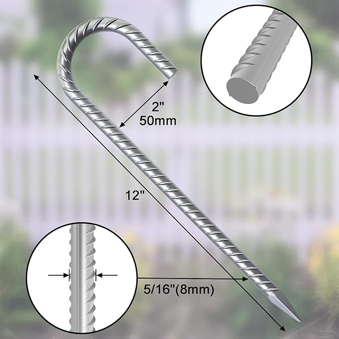 12 Inch Ground Stakes Heavy Duty J Hook 30 Pack Metal Spikes Galvanized Ground Anchors Rebar Tent Stakes for Fence, Bounce House, Gazebos and Outdoor Decorations Inflatables-HomvellaHome