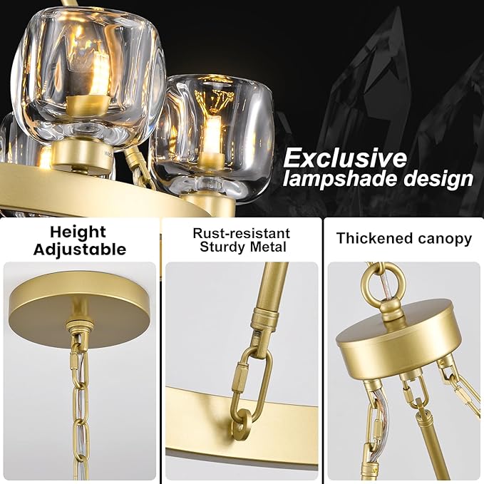 Gold Wagon Wheel Chandelier, 36 Inch Brass Chandeliers with Unique Glass Shade, 9-Light Crystal Farmhouse Wagon Wheel Chandeliers for Dining Room, Round Chandelier for Living Room, Foyer, Entryway-HomvellaHome